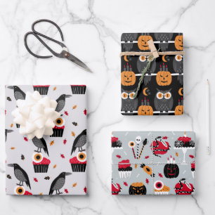 Ravens, Eyeballs Cupcake Design Perfect Halloween Wrapping Paper Sheets