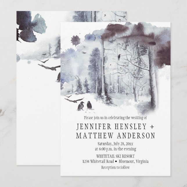 Ravens in the Snow Covered Forest Wedding | Invitation (Front/Back)