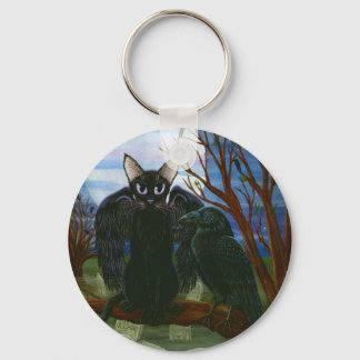 Raven's Moon Black Cat Crow Gothic Art Keychain