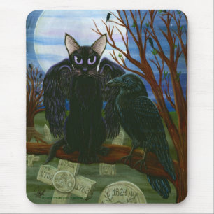 Raven's Moon Black Cat Crow Gothic Art Mousepad