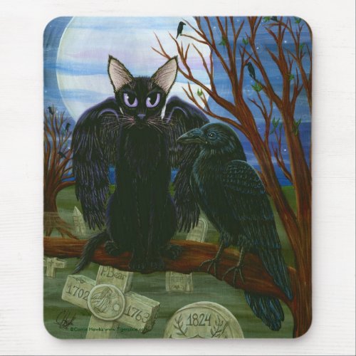 Ravens Moon Black Cat Crow Gothic Art Mousepad