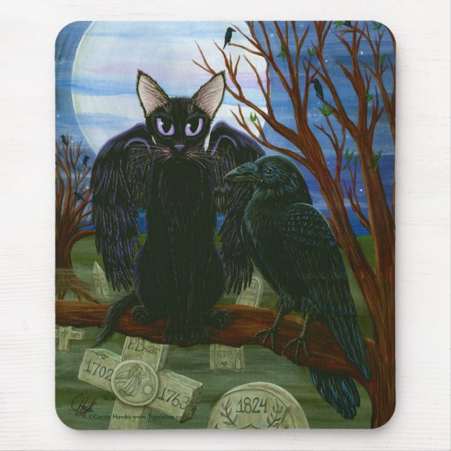 Raven's Moon Black Cat Crow Gothic Art Mousepad (Front)