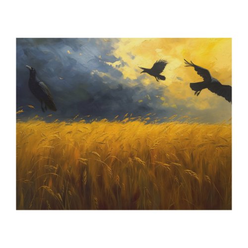 Ravens Over Golden Wheat Field Wood Wall Art