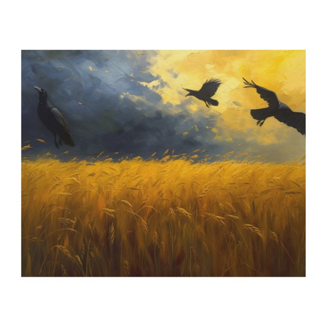 Ravens Over Golden Wheat Field Wood Wall Art (Front)