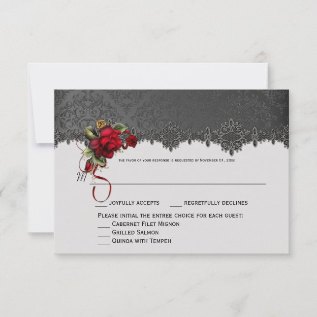 Ravens Red Roses Gray Black Damask RSVP (Front)