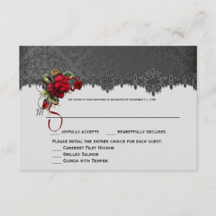 Ravens Red Roses Gray Black Damask RSVP Card