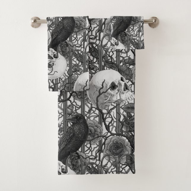 Raven's secret. Dark and moody gothic illustration Bath Towel Set (Insitu)