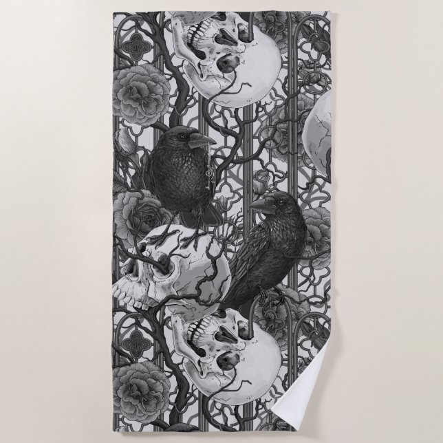 Raven's secret. Dark and moody gothic illustration Beach Towel (Front)