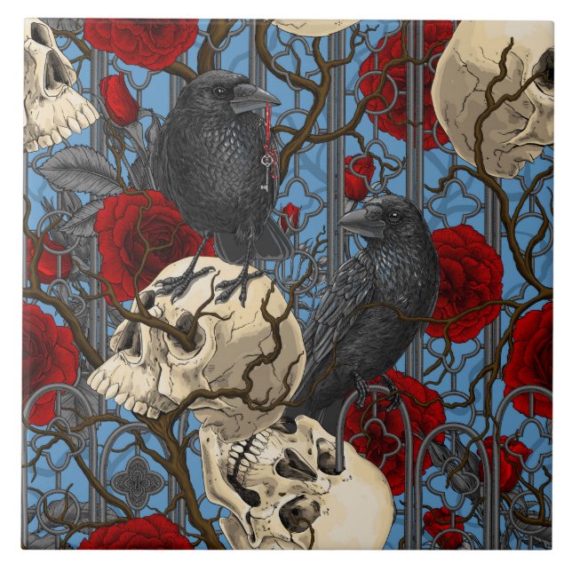 Raven's secret. Dark and moody gothic illustration Ceramic Tile (Front)