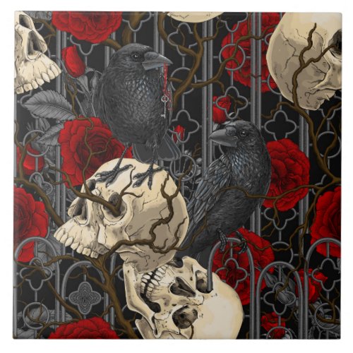 Ravens secret Dark and moody gothic illustration Ceramic Tile