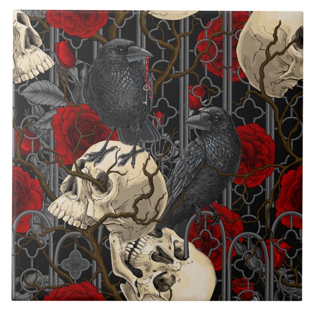 Raven's secret. Dark and moody gothic illustration Ceramic Tile (Front)