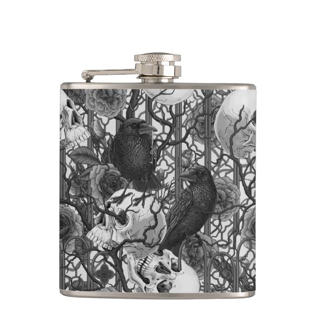 Raven's secret. Dark and moody gothic illustration Flask (Front)