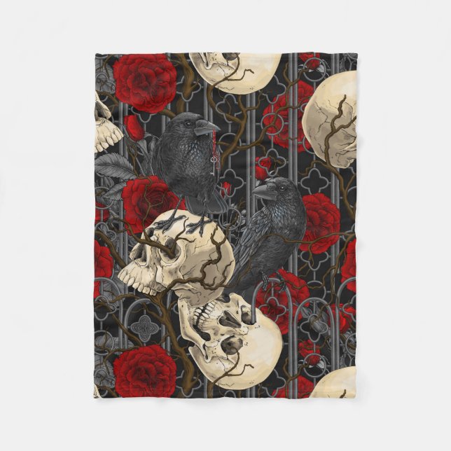 Raven's secret. Dark and moody gothic illustration Fleece Blanket (Front)