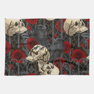 Raven's secret. Dark and moody gothic illustration Kitchen Towel