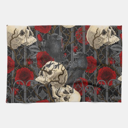 Ravens secret Dark and moody gothic illustration Kitchen Towel