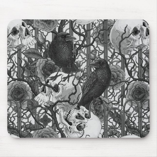 Raven's secret. Dark and moody gothic illustration Mouse Pad (Front)