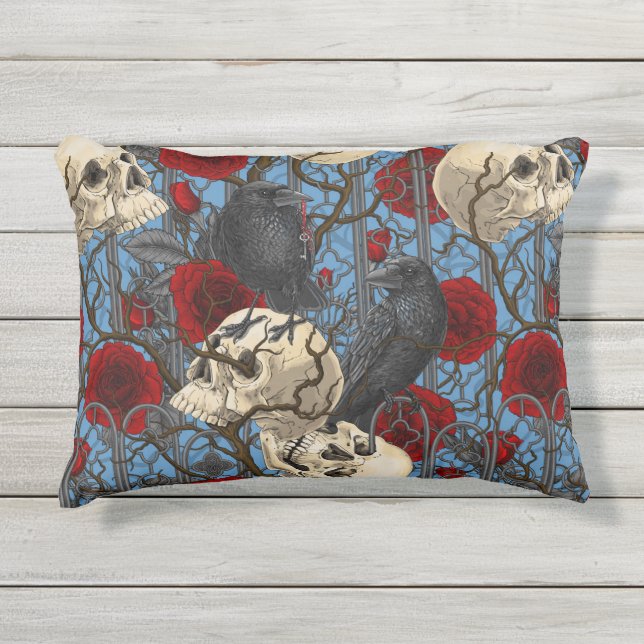 Raven's secret. Dark and moody gothic illustration Outdoor Pillow (Front)