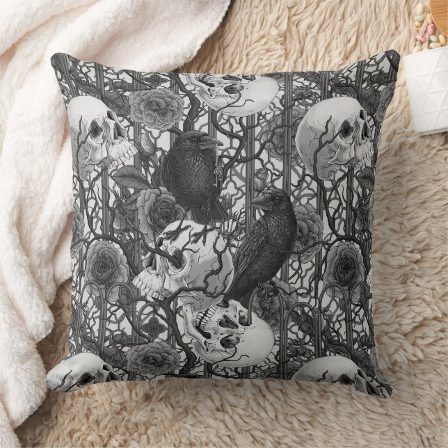 Raven's secret. Dark and moody gothic illustration Throw Pillow (Blanket)