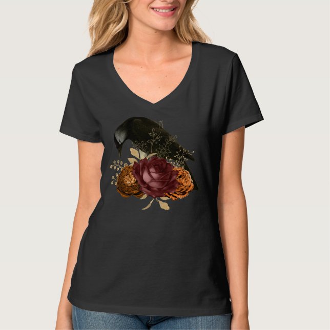 Ravenwood Floral Crow Raven Women's V-Neck T-Shirt (Front)