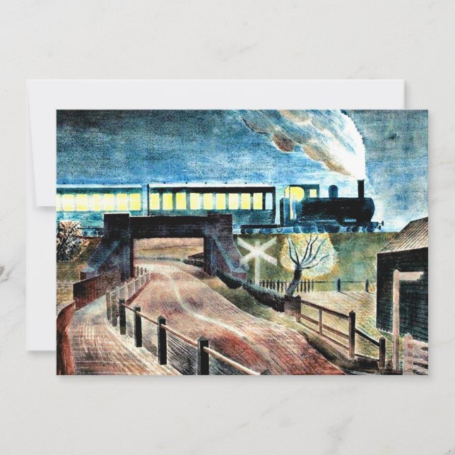 Ravilious art, Train Going over Bridge at Night Card (Front)