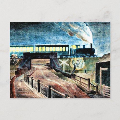 Ravilious art Train Going over Bridge at Night Postcard