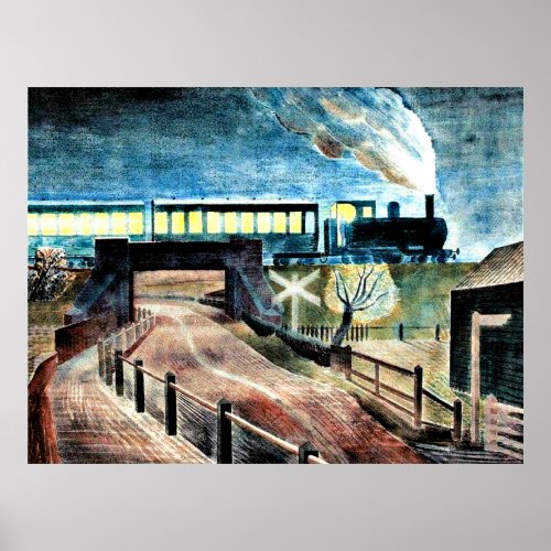 Ravilious art Train Going over Bridge at Night Poster