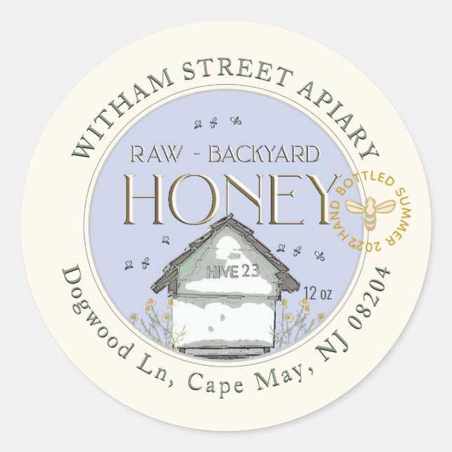 Raw Backyard Honey Hives with Bees & Date Classic Round Sticker (Front)