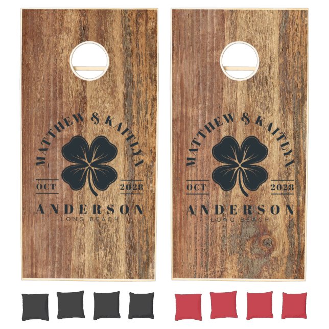 Raw Cedar Wood Irish Lucky Clover Wedding Crest Cornhole Set (Set)
