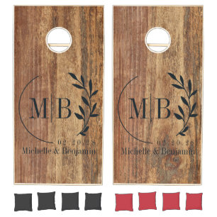 Raw Cedar Wood Leaf Wedding Monogram Cornhole Set