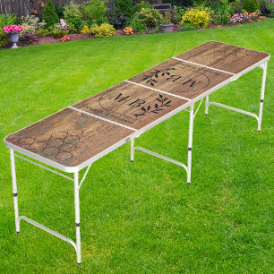 Raw Cedar Wood Modern Leaf Wedding Monogram Beer Pong Table