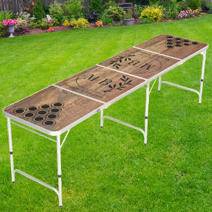 Raw Cedar Wood Modern Leaf Wedding Monogram DK Beer Pong Table