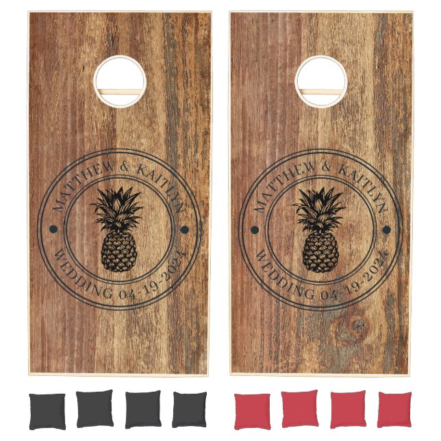 Raw Cedar Wood Pineapple Wedding Crest & Names Cornhole Set (Set)