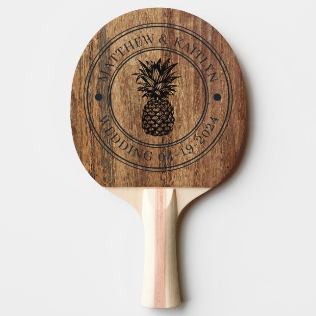 Raw Cedar Wood Pineapple Wedding Crest & Names Ping Pong Paddle (Back)