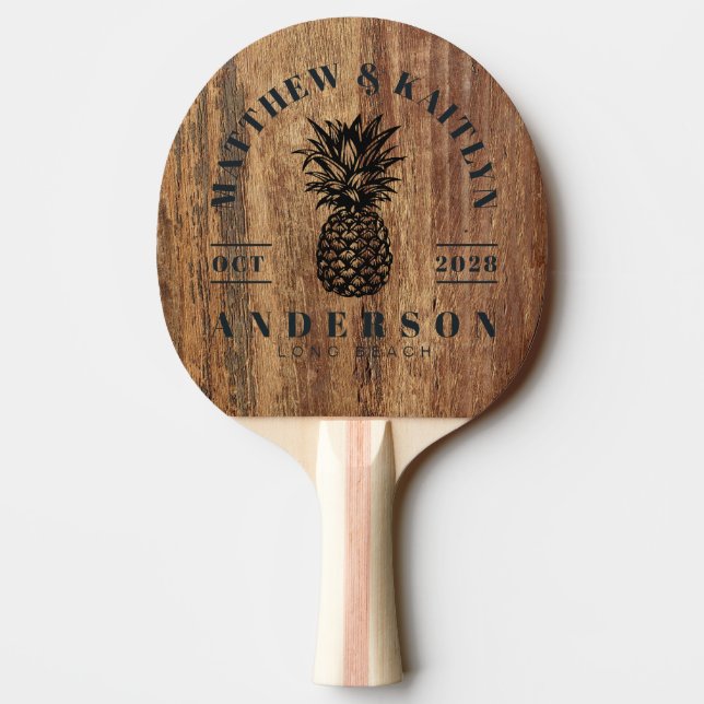 Raw Cedar Wood Tropical Pineapple Wedding Crest Ping Pong Paddle (Back)