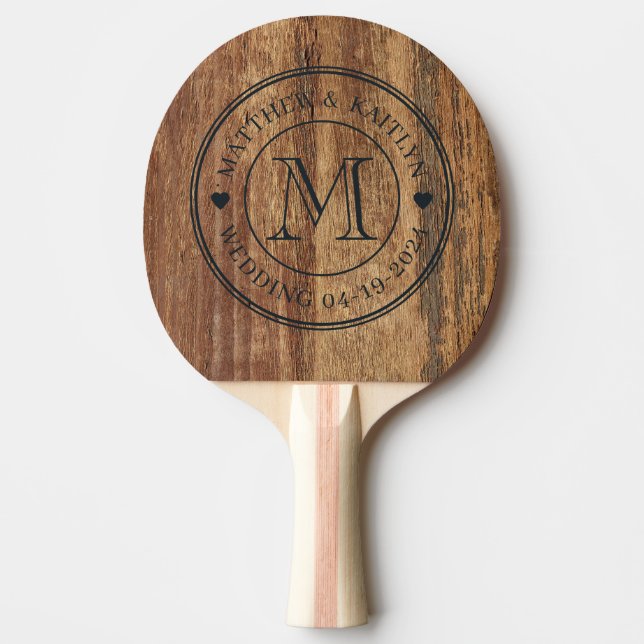 Raw Cedar Wood Wedding Monogram Heart Ping Pong Paddle (Front)