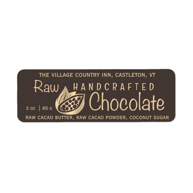 Raw Handcrafted Chocolate Gold Cacao Bean on Brown Label (Front)