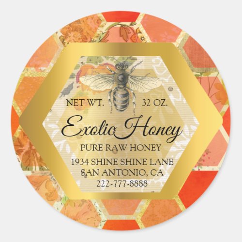 Raw Honey Jar Honeybee Honeycomb Apiary Gold Coral Classic Round Sticker