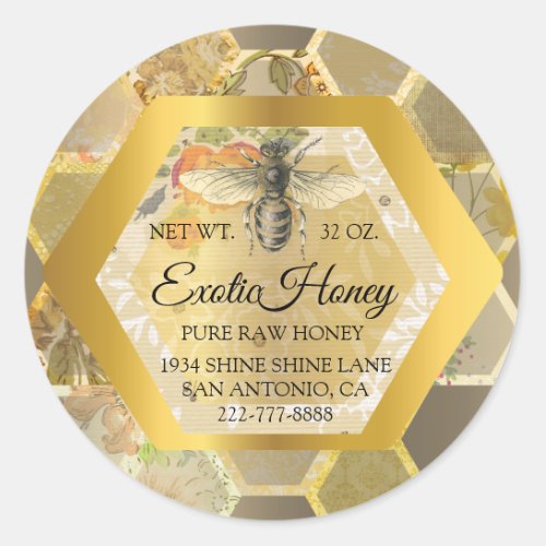 Raw Honey Jar Honeybee Honeycomb Apiary Gold VIP Classic Round Sticker