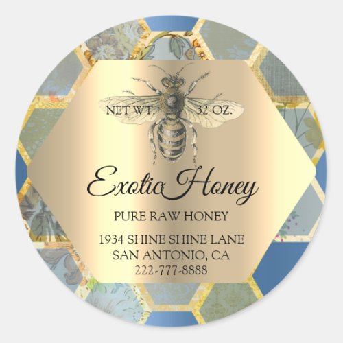 Raw Honey Jar Honeybee Honeycomb Bee Apiary Blue Classic Round Sticker