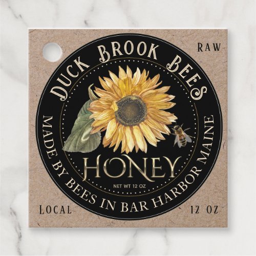 Raw Honey Product Tag with Sunflower Bee Gold Text
