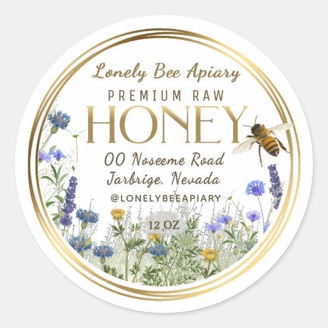Raw Honey Wildflowers Flying Bee Gold Rings    Classic Round Sticker (Front)