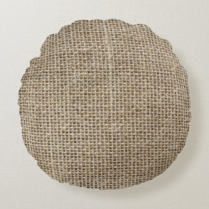 Raw Linen: Natural Textured Fabric. Round Pillow