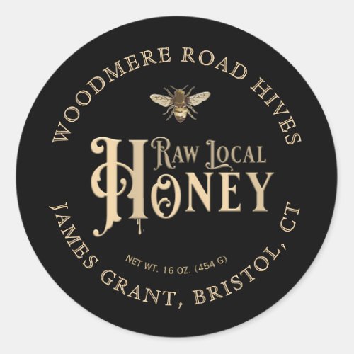 Raw Local Honey Custom Label with Bee on Black