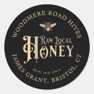 Raw Local Honey Custom Label with Bee on Black