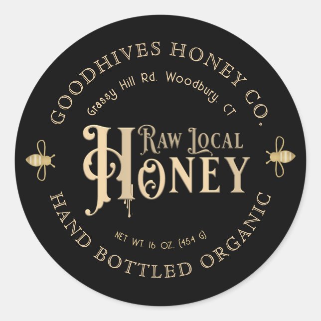 Raw Local Honey Custom Label with Bees on Black (Front)