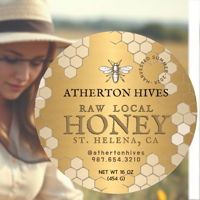 Raw Local Honey Gold Honeycomb Heraldic Bee Classic Round Sticker (Creator Uploaded)
