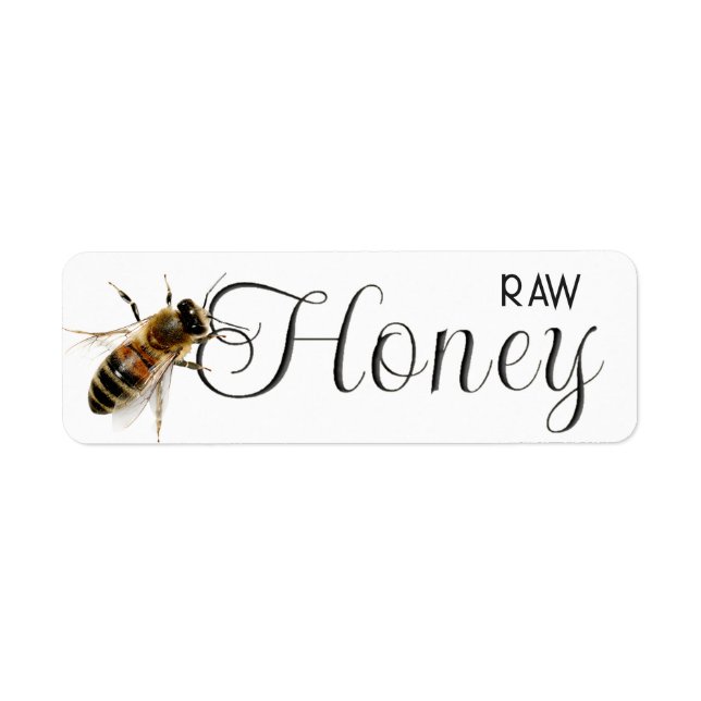 Raw Local Honey with Life-size Honeybee on White Label (Front)
