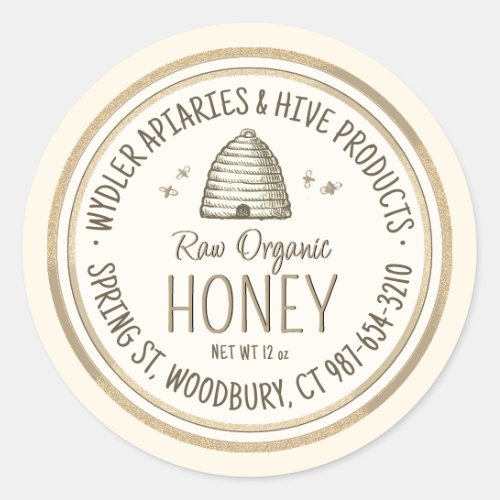 Raw Organic Honey Gold Grunge Border Skep and Bees Classic Round Sticker