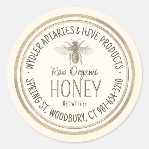 Raw Organic Honey Gold Grunge Border with Bee Classic Round Sticker