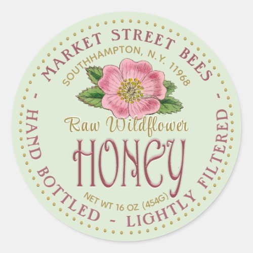 Raw Wildflower Honey Label Wild Pink Rose Flower